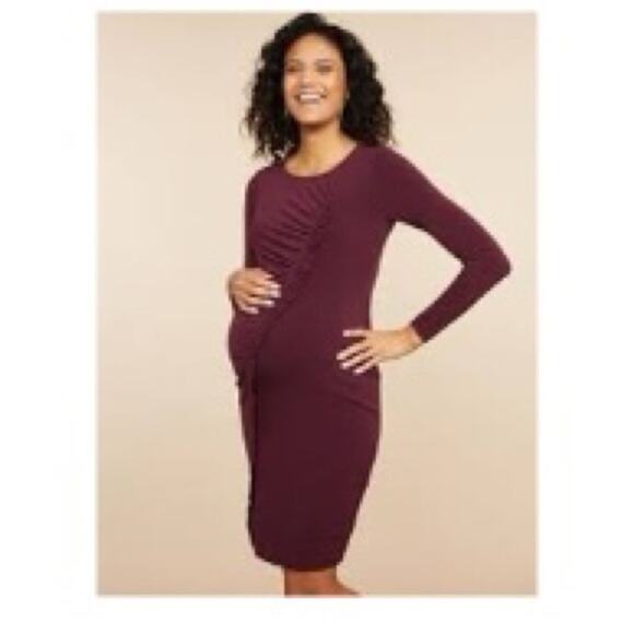 Motherhood Maternity Ruched Burgundy Knee Length Long Sleeve Dress Size Large - Picture 1 of 7